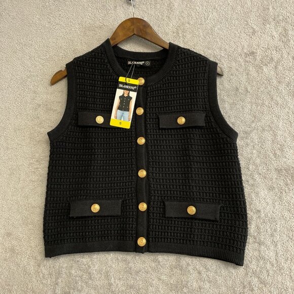 NEW [BLANKNYC] Women's Size S Black Sleeveless Knit Vest Cardigan Gold Buttons - Picture 2 of 10